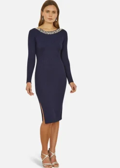 Yumi Navy Pearl Neckline Fitted Midi Knitted Dress
