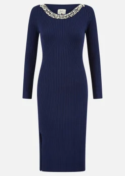 Yumi Navy Pearl Neckline Fitted Midi Knitted Dress