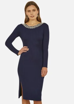 Yumi Navy Pearl Neckline Fitted Midi Knitted Dress