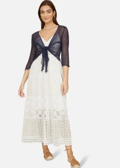 Yumi Navy Popcorn Yarn Tie Front Bolero