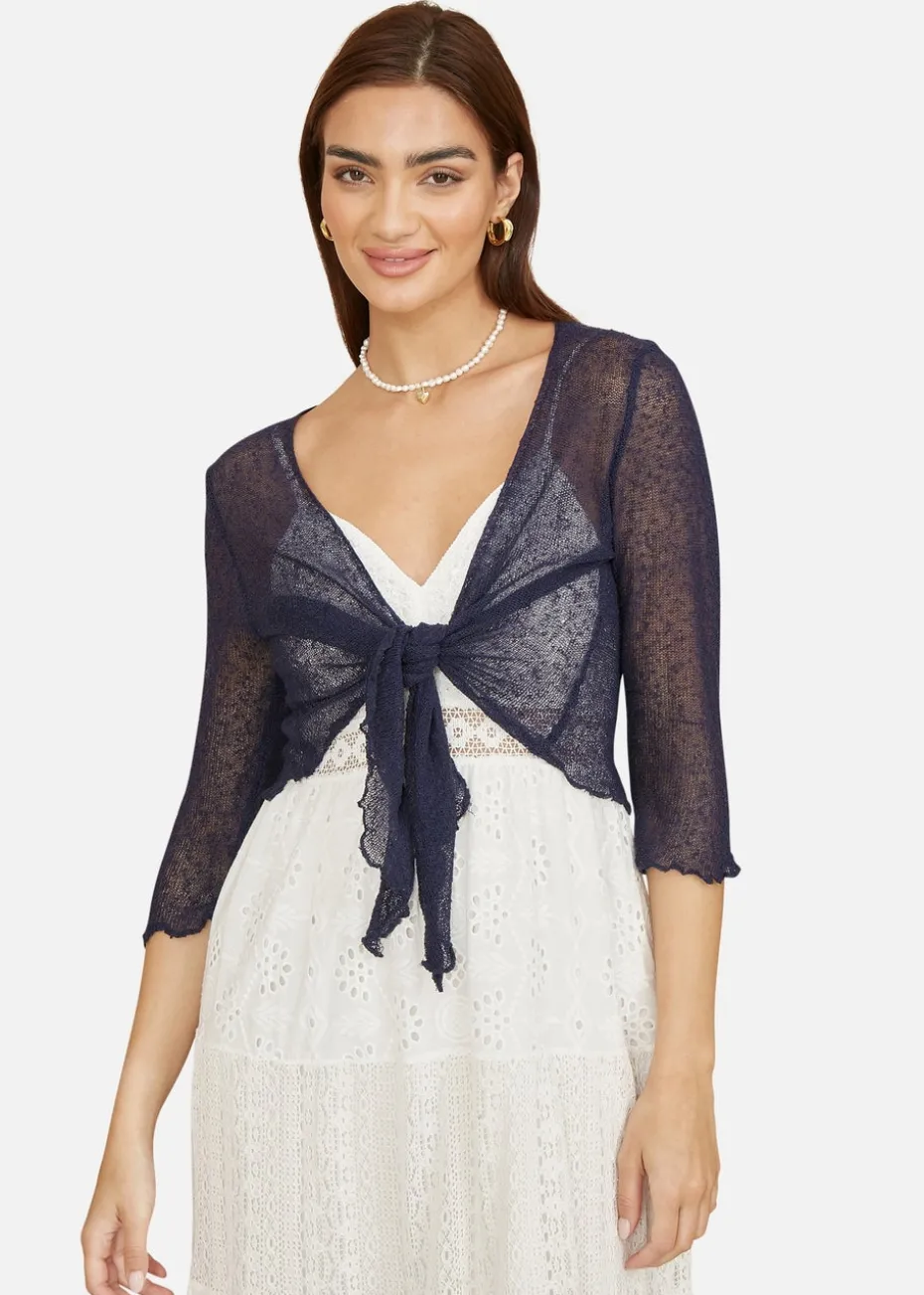 Yumi Navy Popcorn Yarn Tie Front Bolero