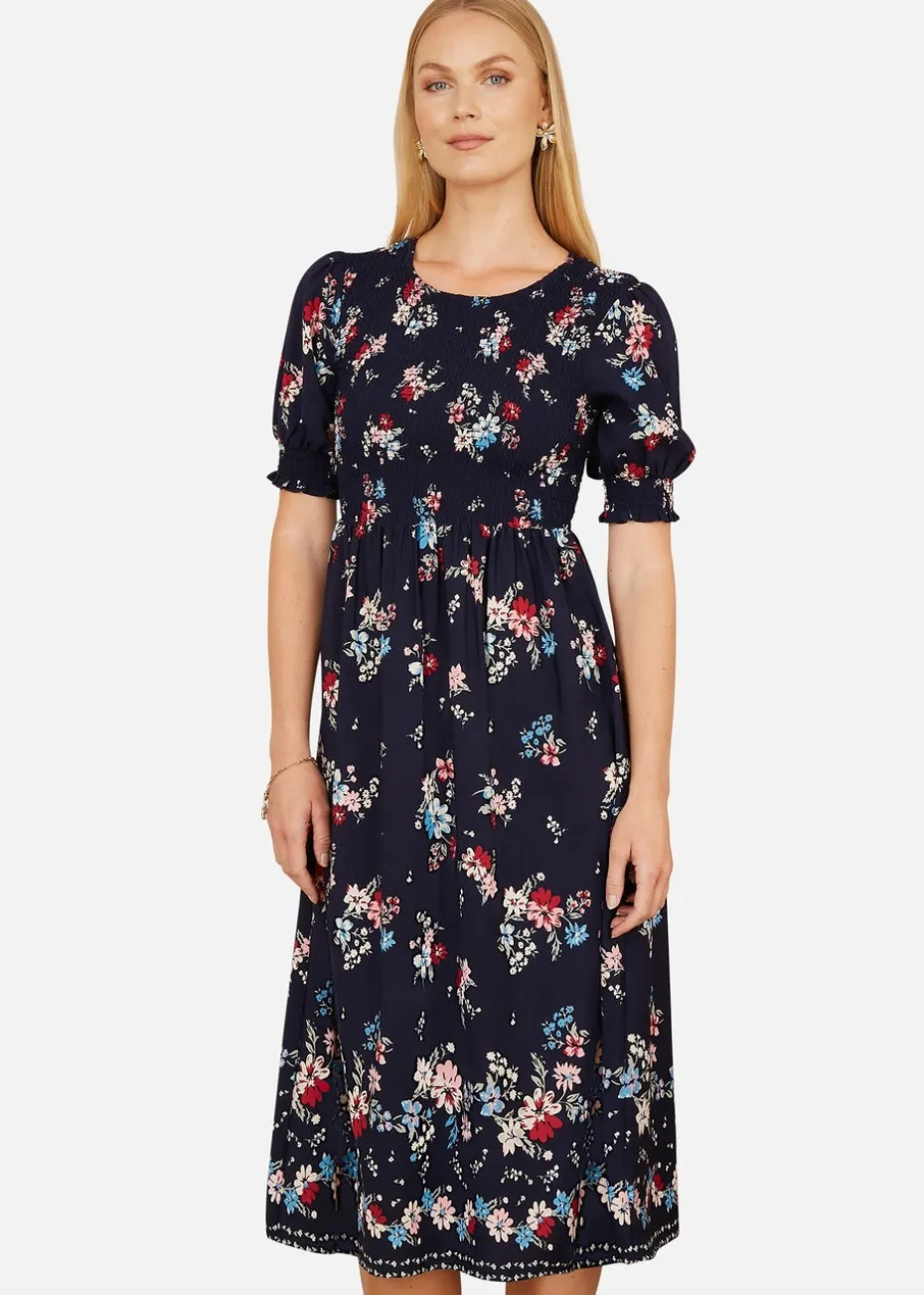 Yumi Navy Recycled Floral Ruched Midi Dress With Puff Sleeves