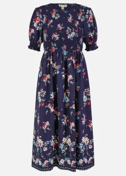 Yumi Navy Recycled Floral Ruched Midi Dress With Puff Sleeves