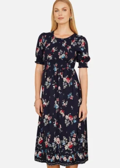 Yumi Navy Recycled Floral Ruched Midi Dress With Puff Sleeves