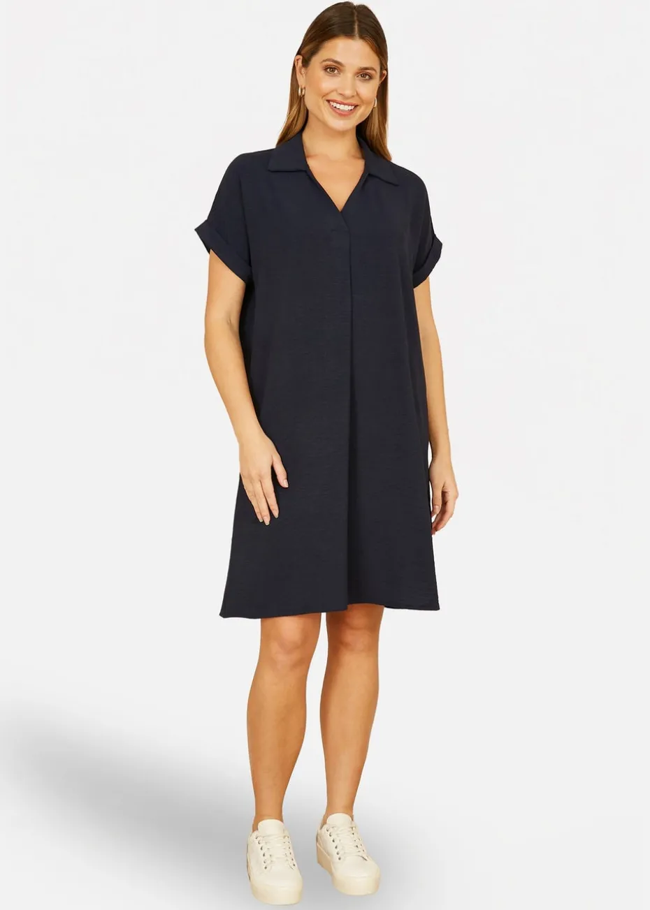 Yumi Navy Relaxed Fit Collared Tunic Dress