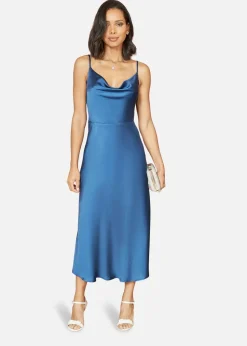 Yumi Navy Satin Cowl Neck Midi Dress