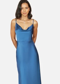 Yumi Navy Satin Cowl Neck Midi Dress