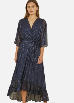 Yumi Navy Sequin Kimono Midi Wrap Dress