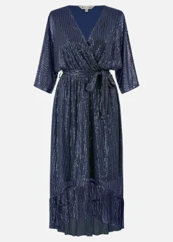Yumi Navy Sequin Kimono Midi Wrap Dress