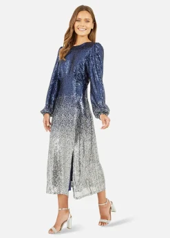 Yumi Navy Sequin Ombre Long Sleeve Midi Dress