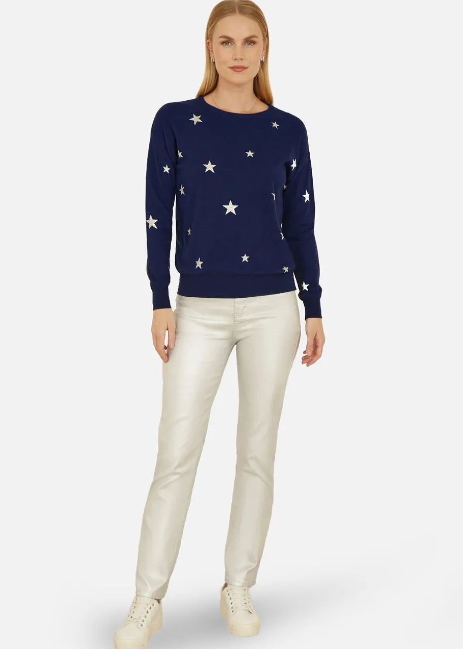 Yumi Navy Silver Foil Star Print Relaxed Fit Jumper