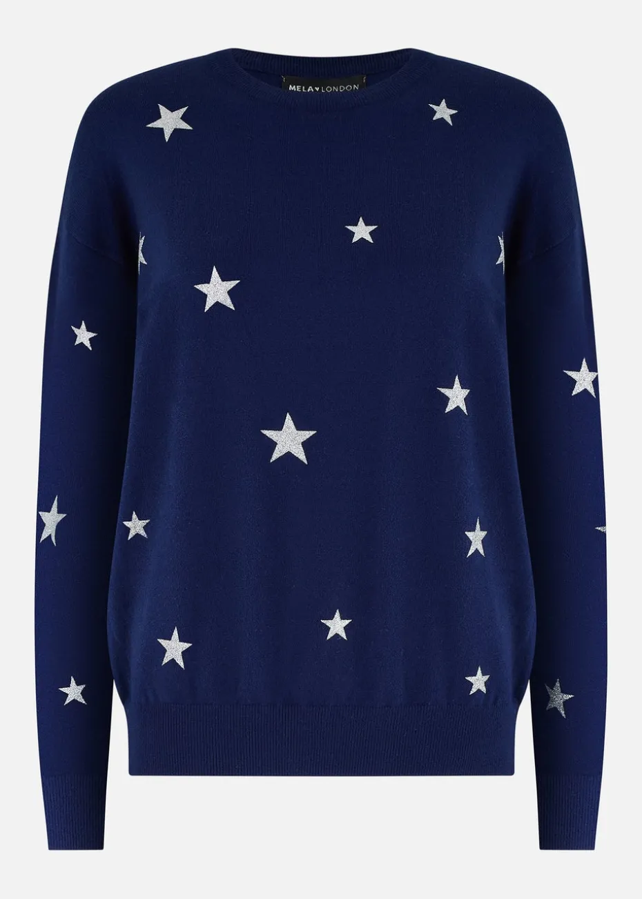 Yumi Navy Silver Foil Star Print Relaxed Fit Jumper