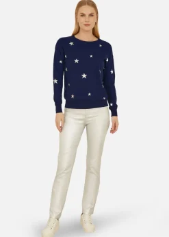 Yumi Navy Silver Foil Star Print Relaxed Fit Jumper