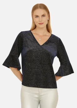 Yumi Navy Sparkle Velvet Relaxed Fit Top With Fluted Sleeves