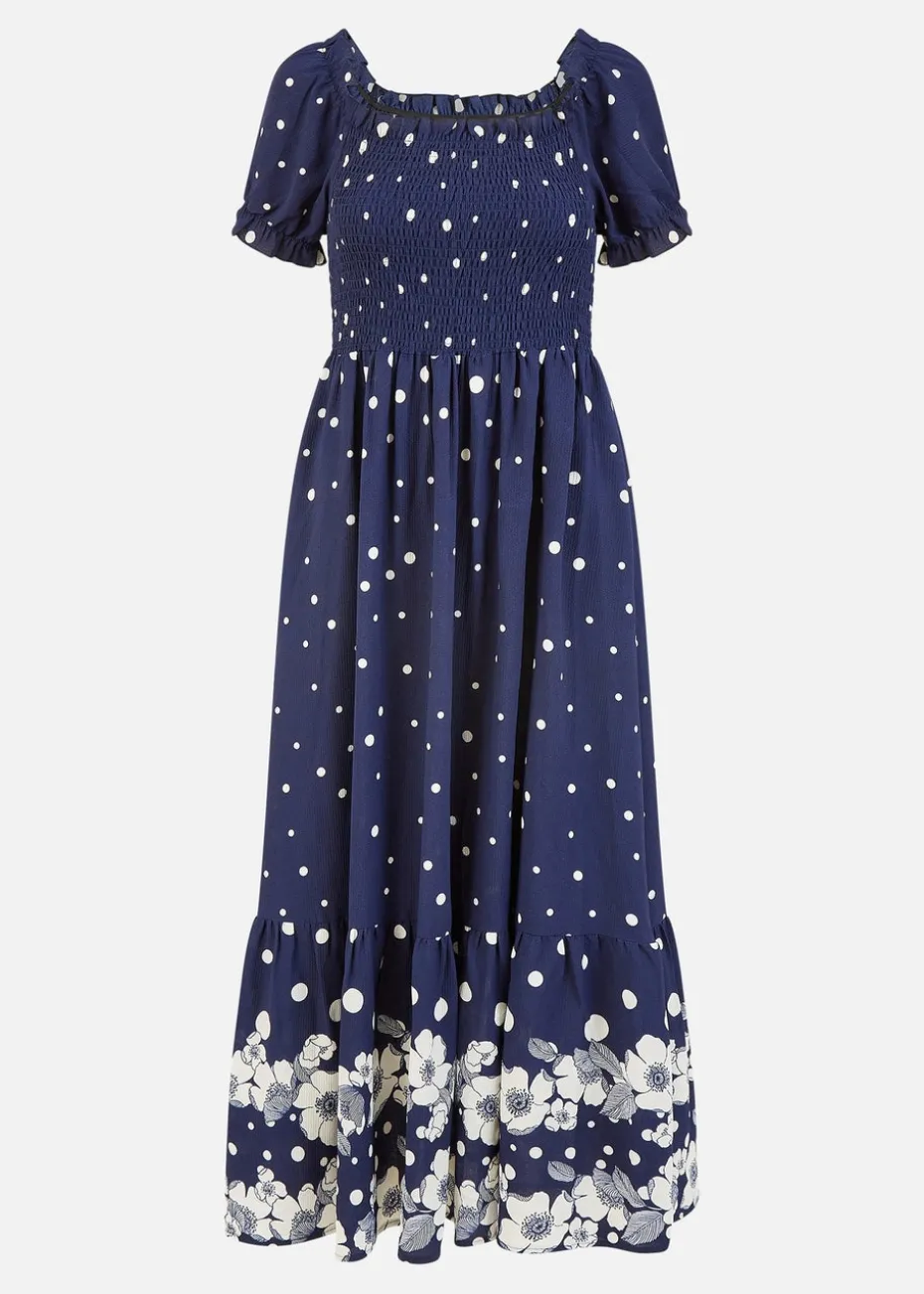 Yumi Navy Spot & Floral Print Border Ruched Midi Dress