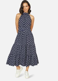 Yumi Navy Spot Print Halter Midi Dress With Matching Belt