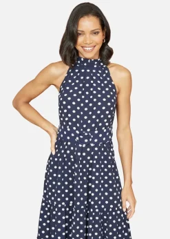 Yumi Navy Spot Print Halter Midi Dress With Matching Belt