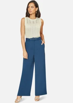 Yumi Navy Straight Leg Crepe Trousers With Belt