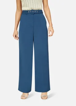 Yumi Navy Straight Leg Crepe Trousers With Belt