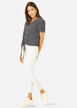 Yumi Navy Striped Jersey Button Detail Top