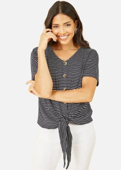 Yumi Navy Striped Jersey Button Detail Top
