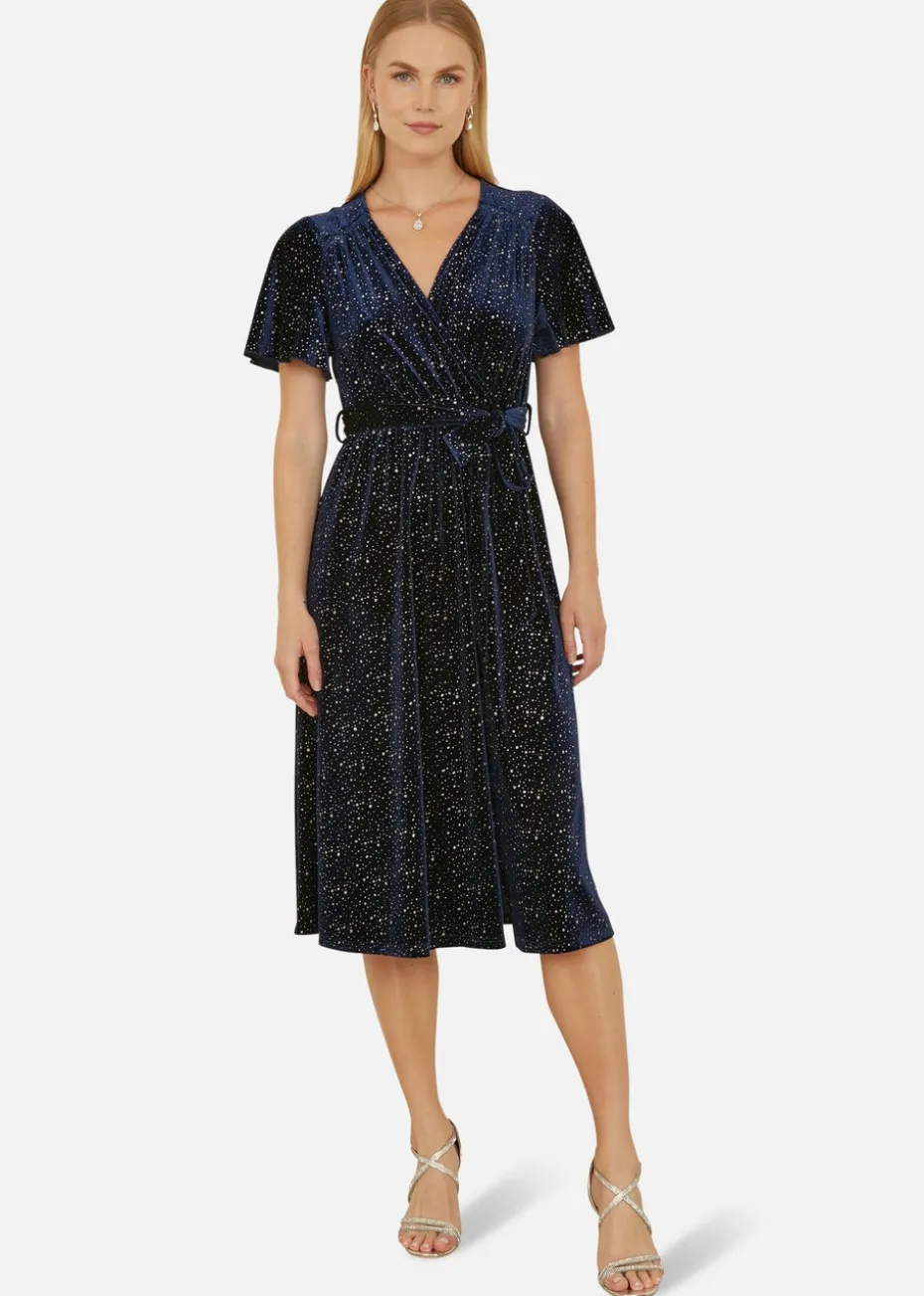 Yumi Navy Velvet Sparkle Wrap Midi Dress