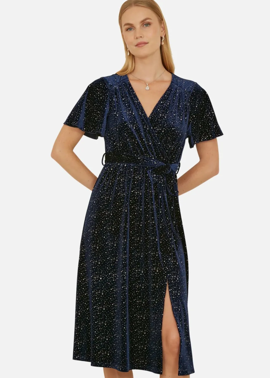 Yumi Navy Velvet Sparkle Wrap Midi Dress