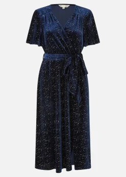 Yumi Navy Velvet Sparkle Wrap Midi Dress