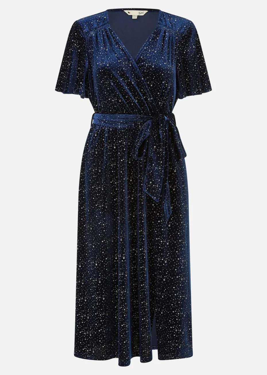 Yumi Navy Velvet Sparkle Wrap Midi Dress