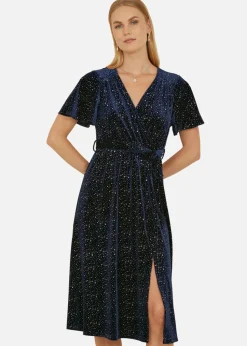 Yumi Navy Velvet Sparkle Wrap Midi Dress