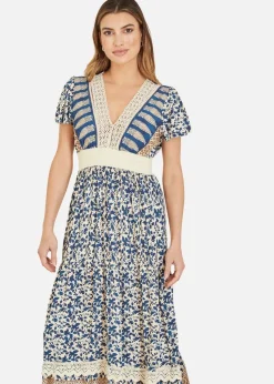 Yumi Navy Viscose Leaf Print Maxi Dress With Lace Trim