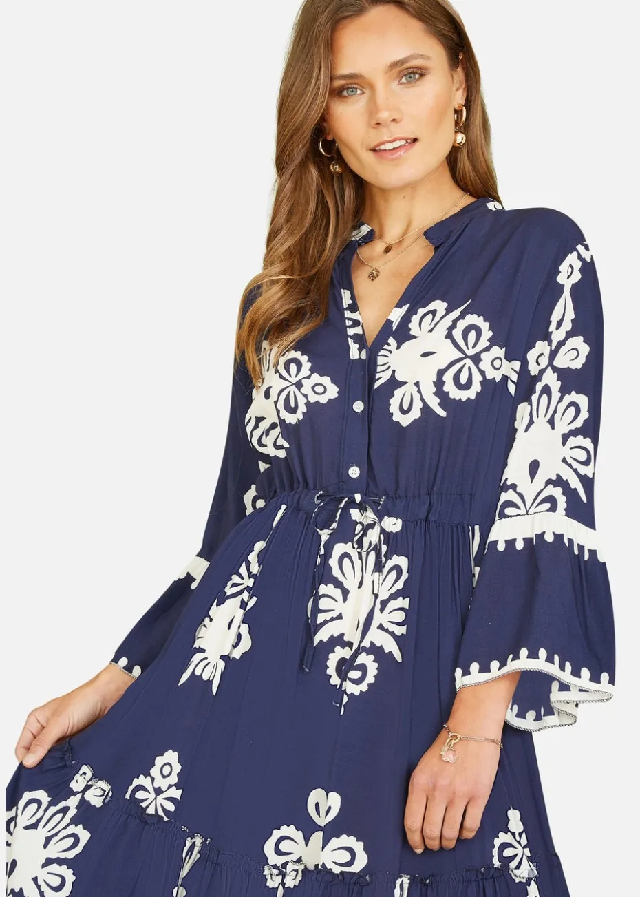 Yumi Navy Viscose Midi Dress With Long Sleeves