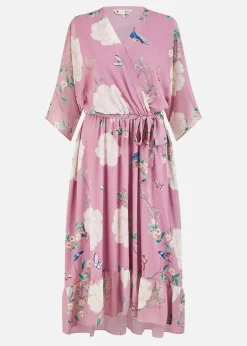 Yumi Pink Bird & Floral Print Midi Wrap Dress
