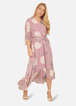 Yumi Pink Bird & Floral Print Midi Wrap Dress