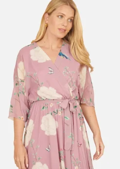 Yumi Pink Bird & Floral Print Midi Wrap Dress