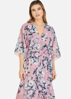 Yumi Pink Floral Kimono Dipped Hem Dress