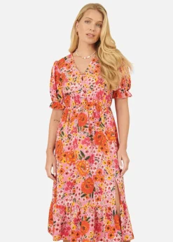 Yumi Pink Floral Midi Dress With Frill Hem and Puff Sleeves