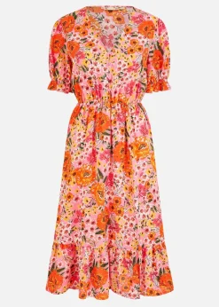 Yumi Pink Floral Midi Dress With Frill Hem and Puff Sleeves