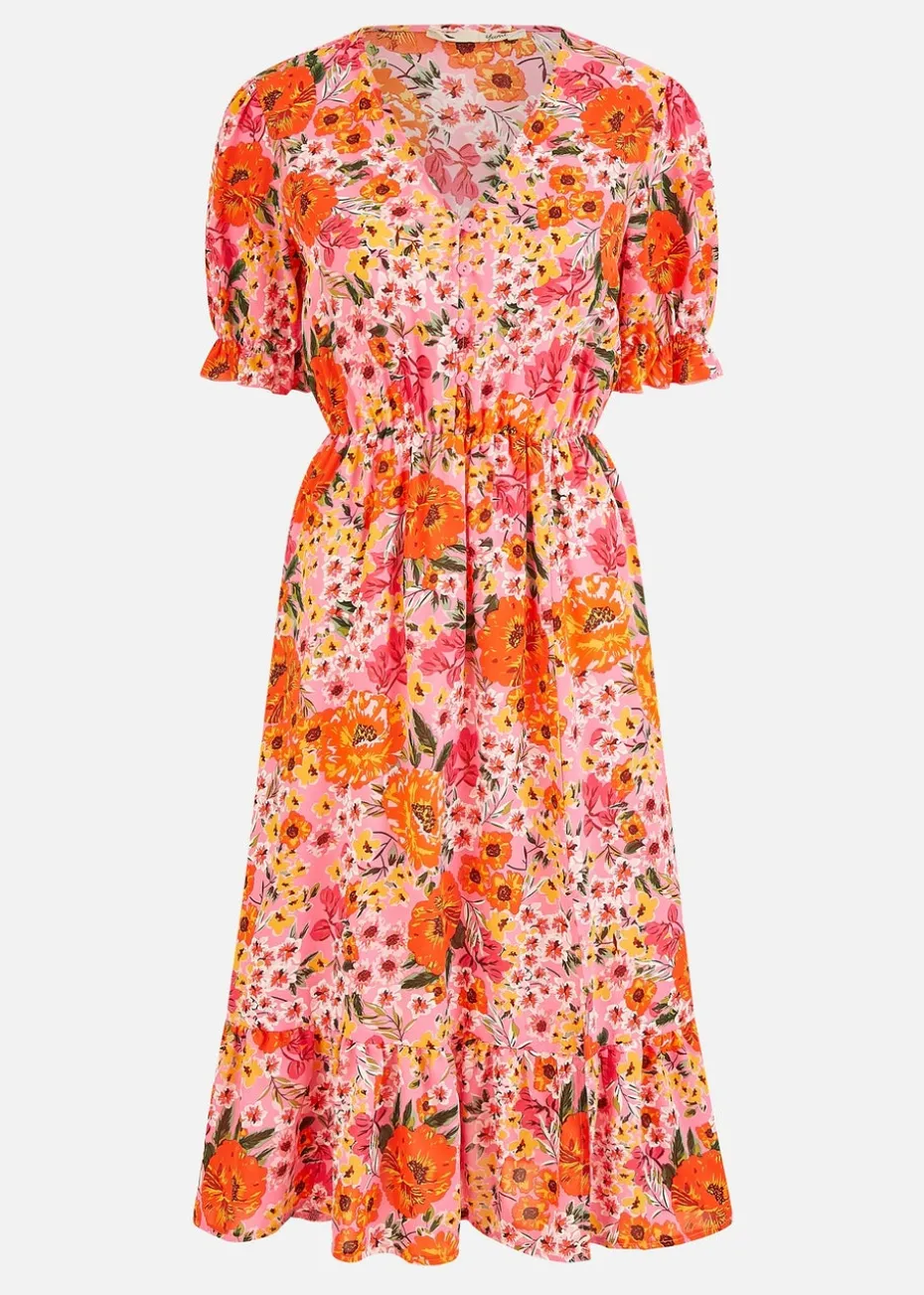 Yumi Pink Floral Midi Dress With Frill Hem and Puff Sleeves