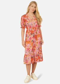 Yumi Pink Floral Midi Dress With Frill Hem and Puff Sleeves