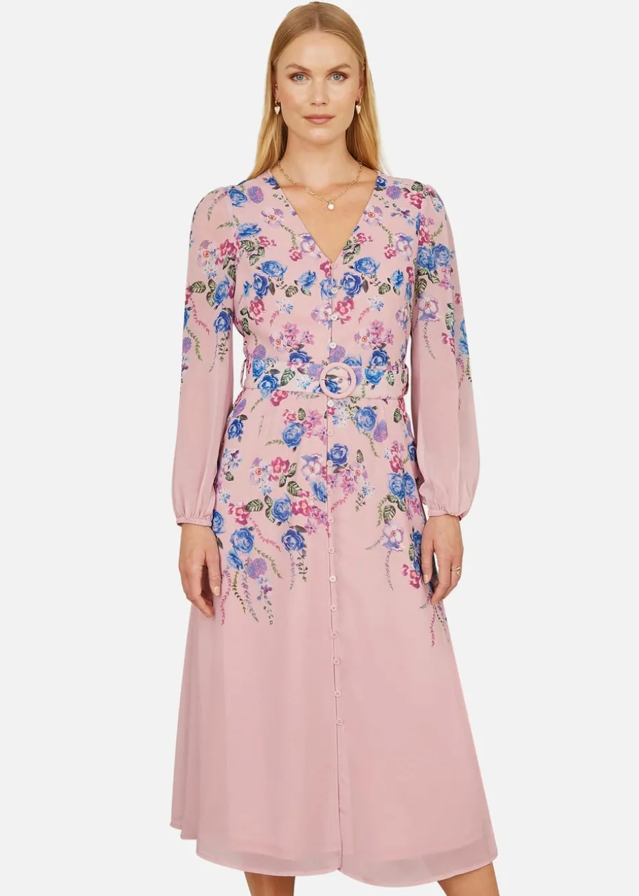 Yumi Pink Floral Placement Button Down Midi Dress With Long Sleeves