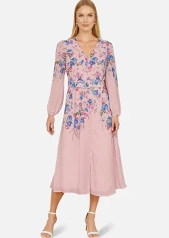 Yumi Pink Floral Placement Button Down Midi Dress With Long Sleeves