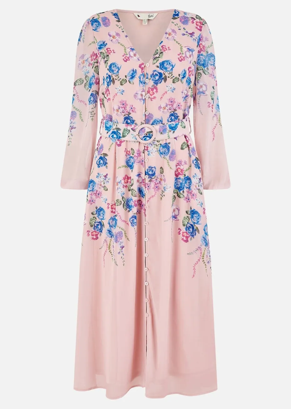 Yumi Pink Floral Placement Button Down Midi Dress With Long Sleeves