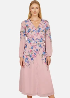 Yumi Pink Floral Placement Button Down Midi Dress With Long Sleeves
