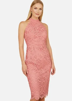 Yumi Pink Lace Halter Neck Dress
