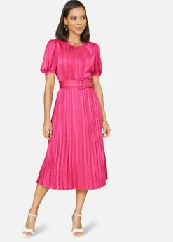 Yumi Pink Satin Striped Midi Dress With Pleats and Matching Belt