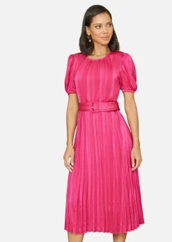 Yumi Pink Satin Striped Midi Dress With Pleats and Matching Belt
