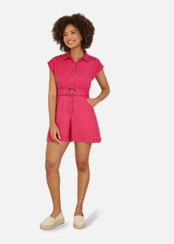 Yumi Pink Twill Cotton Button Up Playsuit With Matching Belt