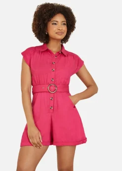 Yumi Pink Twill Cotton Button Up Playsuit With Matching Belt