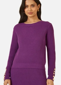 Yumi Purple Rib Knitted Jumper With Sleeve Button Detail